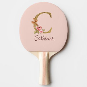 Custom Name Gold Foil Blush Pink Roses Letter C Ping Pong Paddle