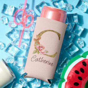 Custom Name Gold Foil Blush Pink Roses Letter C Seltzer Can Cooler
