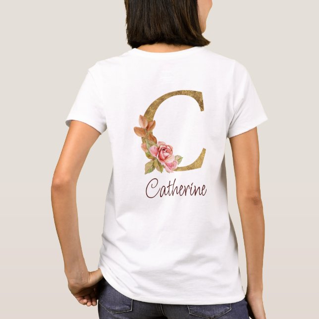 Custom Name Gold Foil Blush Pink Roses Letter C T-Shirt (Back)