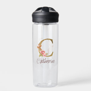 Custom Name Gold Foil Blush Pink Roses Letter C Water Bottle