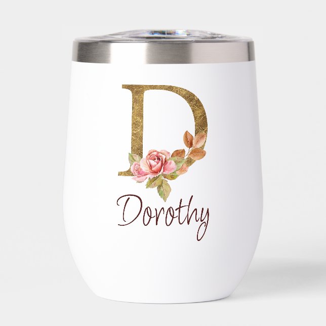 Custom Name Gold Foil Blush Pink Roses Letter D (Front)