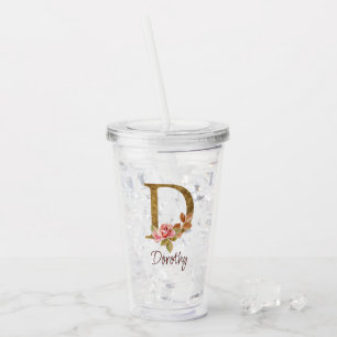 Custom Name Gold Foil Blush Pink Roses Letter D Acrylic Tumbler