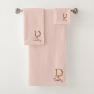 Custom Name Gold Foil Blush Pink Roses Letter D Bath Towel Set