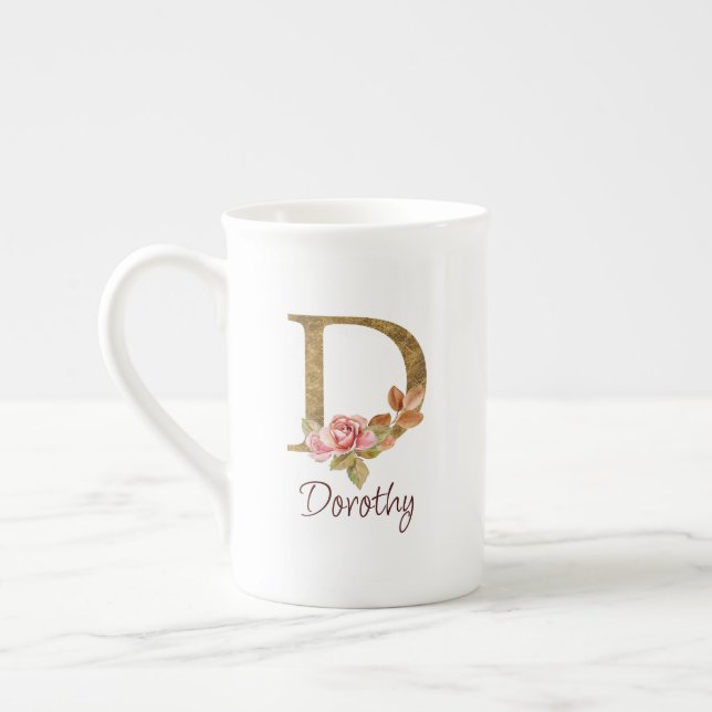 Custom Name Gold Foil Blush Pink Roses Letter D Bone China Mug (Left)