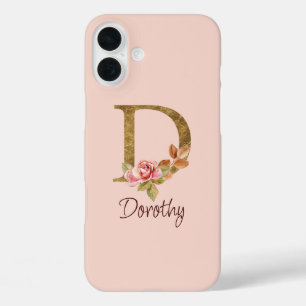 Custom Name Gold Foil Blush Pink Roses Letter D iPhone 16 Plus Case