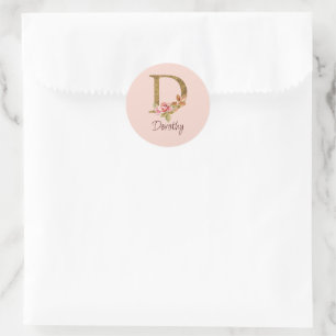 Custom Name Gold Foil Blush Pink Roses Letter D Classic Round Sticker
