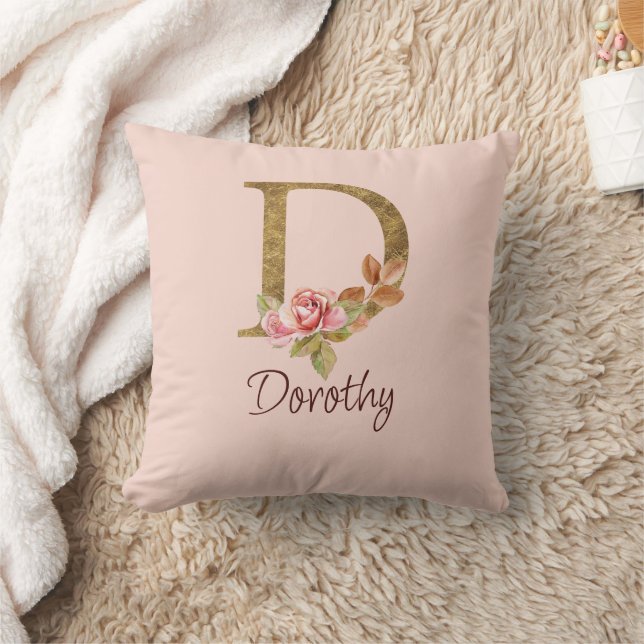 Custom Name Gold Foil Blush Pink Roses Letter D Cushion (Blanket)