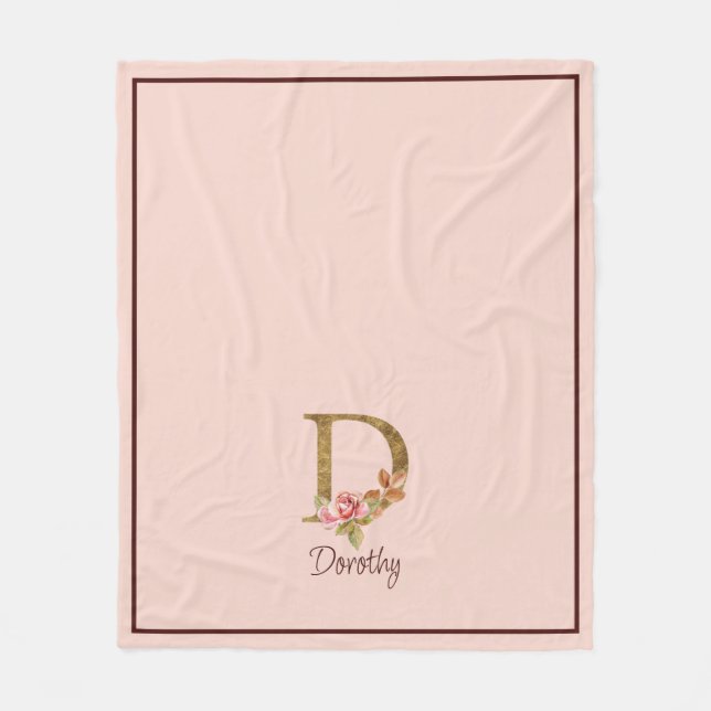 Custom Name Gold Foil Blush Pink Roses Letter D Fleece Blanket (Front)