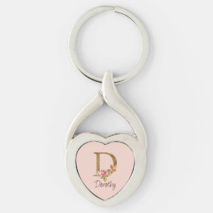 Custom Name Gold Foil Blush Pink Roses Letter D Key Ring