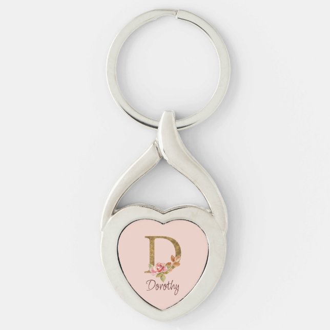 Custom Name Gold Foil Blush Pink Roses Letter D Key Ring (Front)