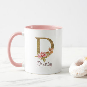 Custom Name Gold Foil Blush Pink Roses Letter D Mug