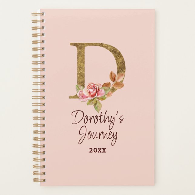 Custom Name Gold Foil Blush Pink Roses Letter D Planner (Front)
