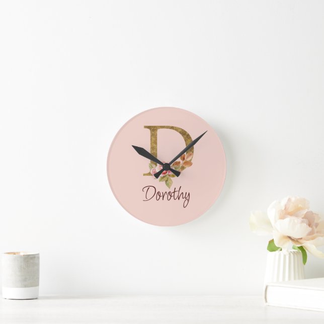 Custom Name Gold Foil Blush Pink Roses Letter D Round Clock (Home)