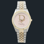 Custom Name Gold Foil Blush Pink Roses Letter D Watch<br><div class="desc">Custom Name Gold Foil Blush Pink Roses Letter D design presents an elegant floral monogram with shimmering detail—ideal for soft feminine style,  romantic touches,  and personalised name designs. Click 'Personalise' to add your name or a loved one’s.</div>