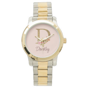 Custom Name Gold Foil Blush Pink Roses Letter D Watch