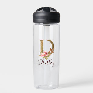 Custom Name Gold Foil Blush Pink Roses Letter D Water Bottle