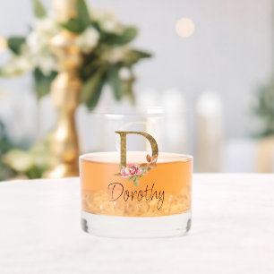 Custom Name Gold Foil Blush Pink Roses Letter D Whiskey Glass