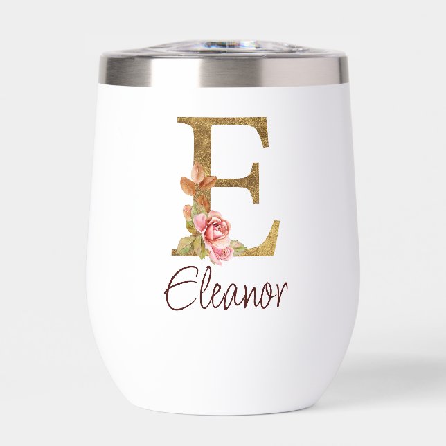 Custom Name Gold Foil Blush Pink Roses Letter E (Front)