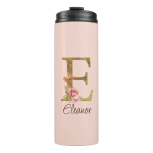 Custom Name Gold Foil Blush Pink Roses Letter E Thermal Tumbler