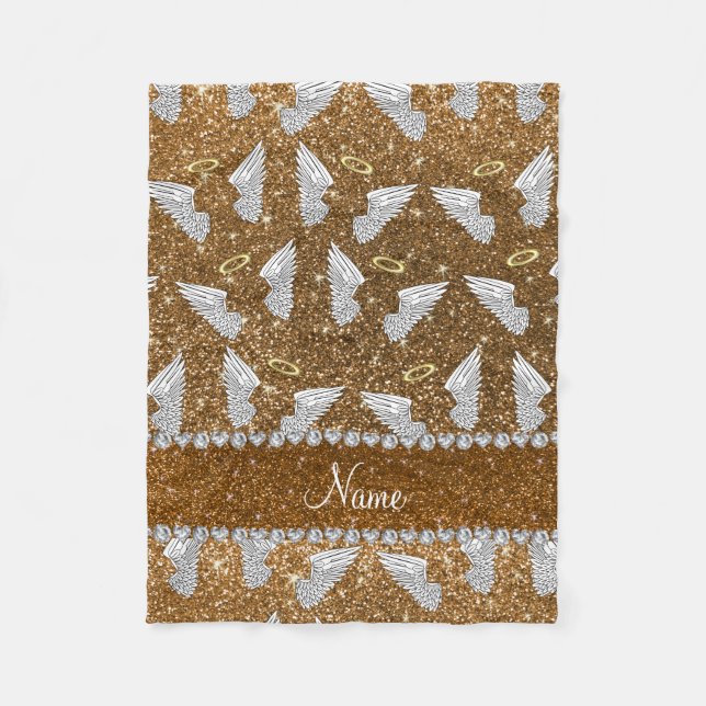 Custom name gold glitter angel wings fleece blanket (Front)