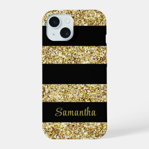 Custom Name Gold Glitter Black Stripes iPhone 15 Case