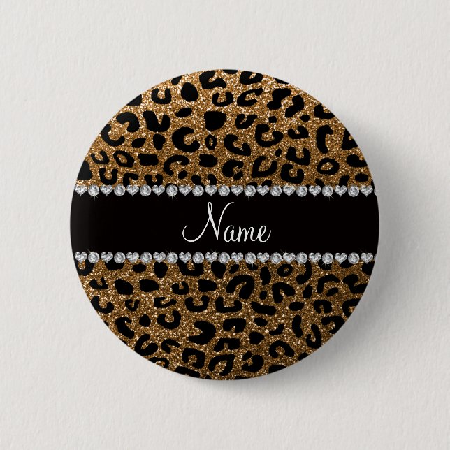 Custom name gold glitter cheetah print 6 cm round badge (Front)
