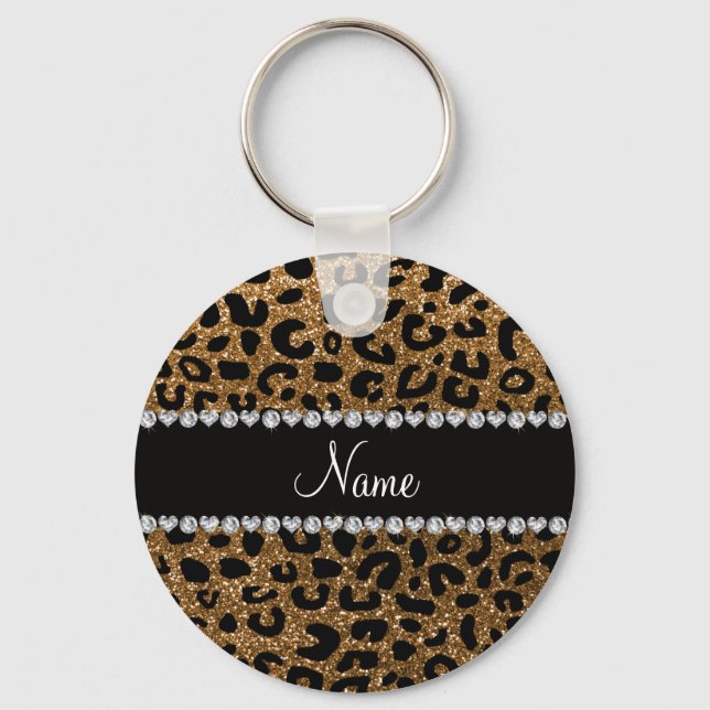 Custom name gold glitter cheetah print key ring (Front)