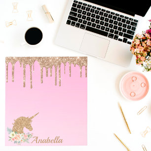 Custom Name Gold Glitter Drips Floral Unicorn Notepad