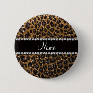 Custom name gold glitter leopard print 6 cm round badge