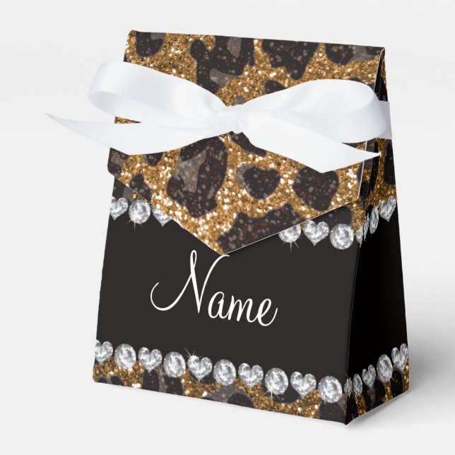Custom name gold glitter leopard print favour box (Front Side)