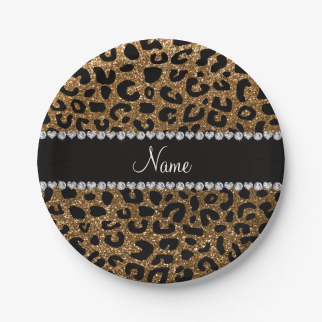 Custom name gold glitter leopard print paper plate (Front)