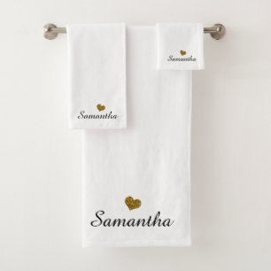 Custom Name Gold Heart Personalised Black  White Bath Towel Set