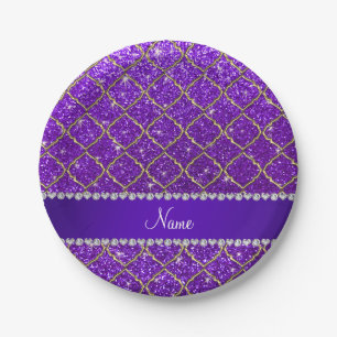 Custom name gold indigo purple glitter moroccan paper plate