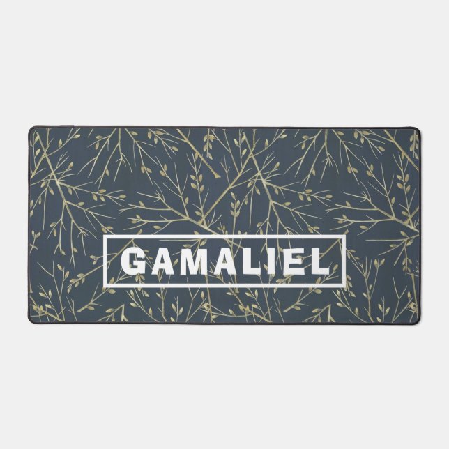 Custom Name Gold Leaves Dark Desk Mat (Front)