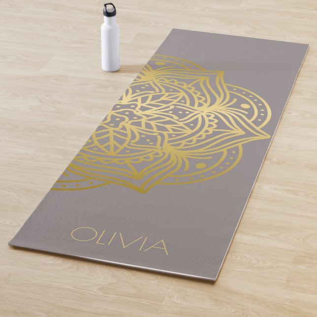 Custom Name Gold Mandala Grey  Yoga Mat (In Situ)