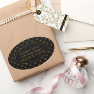 Custom Name Gold Metallic Foil Bees on Black Oval Sticker