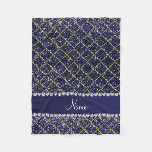 Custom name gold navy blue glitter moroccan fleece blanket