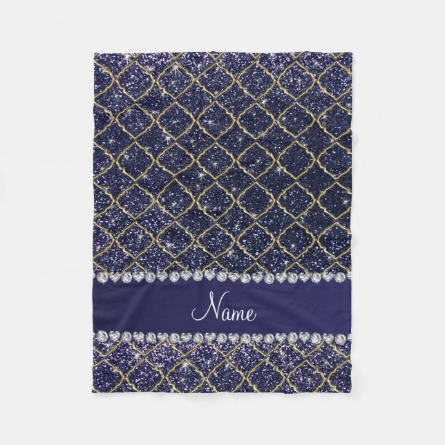 Custom name gold navy blue glitter moroccan fleece blanket (Front)