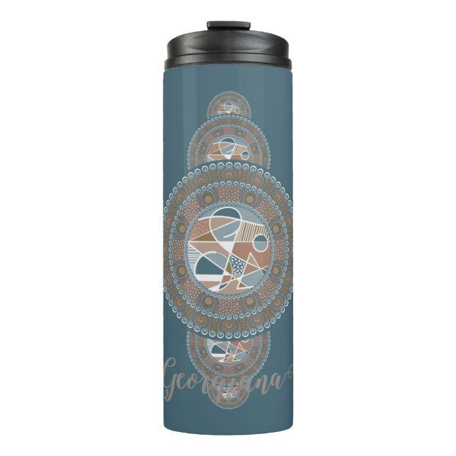 Custom Name Gold Teal Abstract Ornamental Mandala Thermal Tumbler (Front)