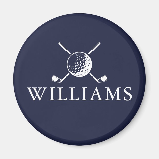 Custom Name Golf Ball And Clubs Navy Blue Magnet (Front)