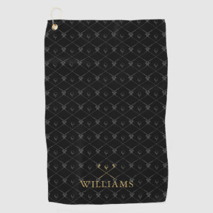Custom Name Golf Clubs Pattern Black And Gold Golf Towel