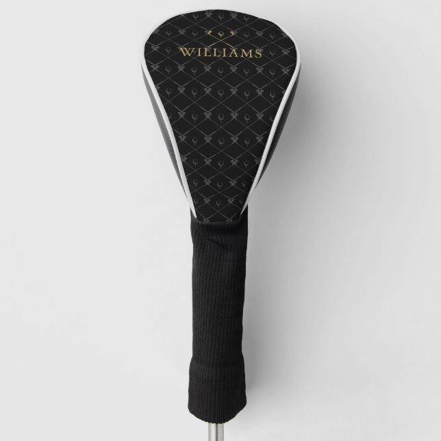 Custom Name Golf Clubs Pattern Black And Gold Head Cover (Front)