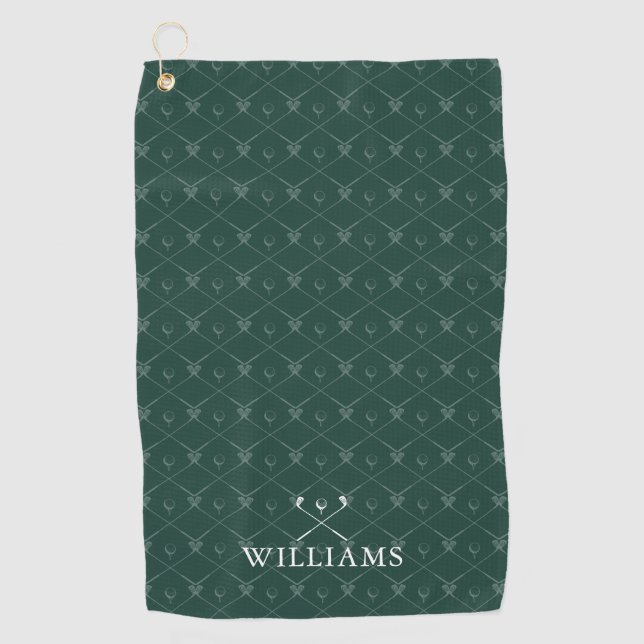 Custom Name Golf Clubs Pattern Emerald Green Golf Towel (Front)