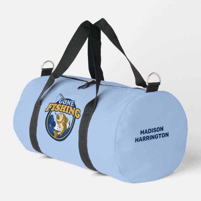Custom name Gone Fishing Duffle Bag (Left Corner)