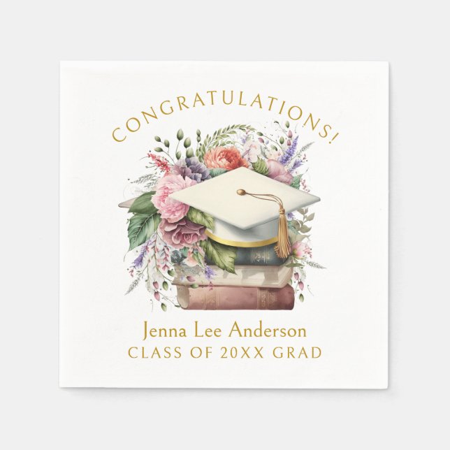 Custom Name Graduation Watercolor Floral White Cap Napkin (Front)