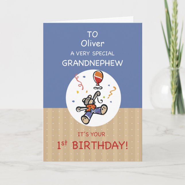 Custom Name Grandnephew 1st Teddy Bear Balloon Card (Front)
