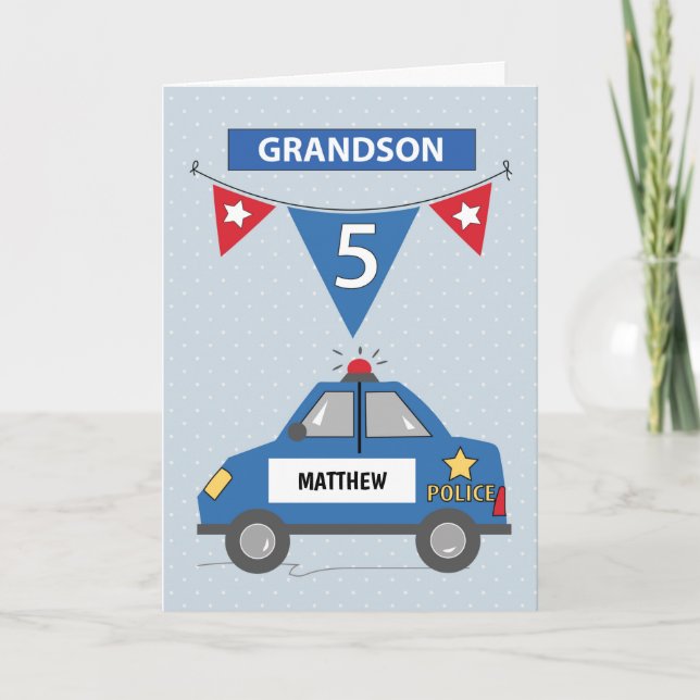 Custom Name Grandson 5th Birthday Blue Police Car Card (Front)
