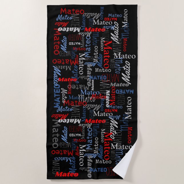 Custom name graphic text grey blue red black beach towel (Front)