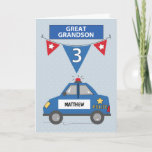 Custom Name Great Grandson 3rd Birthday Police Card<br><div class="desc">Can you imagine how your great grandson face would look like once he sees his name on the side of a police car? To find that out you should gift him with this card once he turns three years old. and yes, you can personalise his name on the front right...</div>