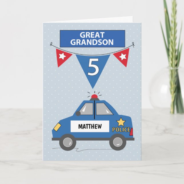 Custom Name Great Grandson 5th Birthday Police Card (Front)